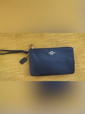 Coach Black Pebbled Leather Zip Wristlet with Silver Logo